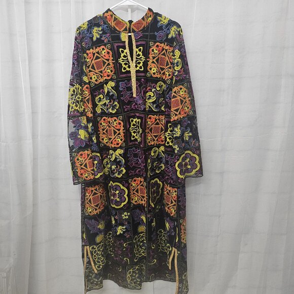 Rara Avis by Iris Apfel Kaftan Dress Maxi Embroidered Mesh Artsy Black Orange 1X - Picture 9 of 15